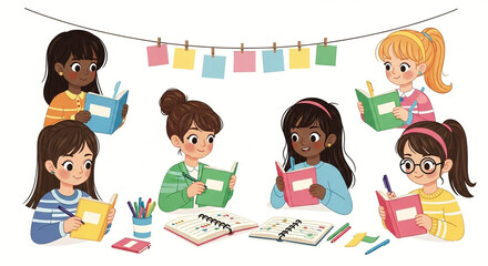 Diverse group of young girls reading and writing in a classroom setting