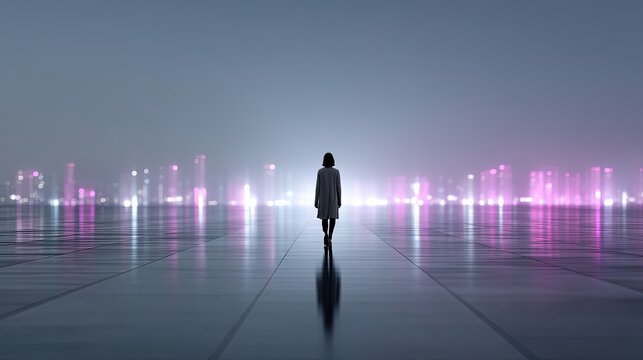 Woman in Dark Coat Walking Towards Illuminated Cityscape in Foggy Futuristic Setting - Powered by Adobe