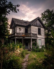 Abandoned Victorian house at sunset