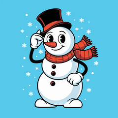 Gentleman snowman tipping hat, cozy scarf and gloves, smiling winter friend, blue background sparkle, merry Christmas vector