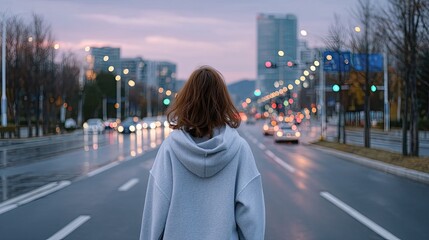 Fototapeta premium Woman Back View on Wet Road at Dusk with City Lights in Cinematic Shot