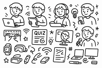 Hand-drawn Doodle Style Vector Set of Tech-Savvy Students, Black Outline Sketch Illustrations, Ideal for Both Digital and Print Use
