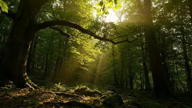 Dolly Shot Gliding Through a Dappled Forest Canopy with Sun Rays Piercing Through Dense Foliage Pathless, Peaceful, Ethereal