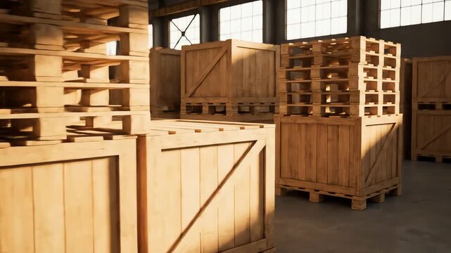 Warehouse interior featuring stacks of wooden crates and pallets bathed in natural light from overhead windows, showcasing industrial storage and