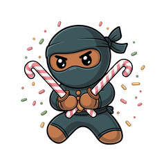 ninja candy warrior, cute character wielding candy canes, confetti sparks, playful martial mascot, holiday sweets theme, vector illustration