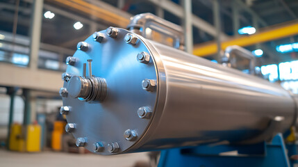 Metal cylinder with nuts, bolts and pipes inside a factory environment with yellow and blue machinery. Silver vessel on blue support.