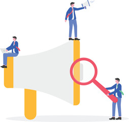 Public relations professional amplify message on megaphone in flat design

