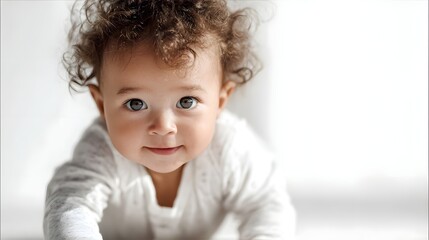 Naklejka premium Close up portrait of a happy baby with curly hair crawling forward looking at the with a bright white background