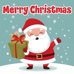 Festive Santa Claus holding a gift with snowflakes falling around him, a cheerful holiday greeting for Christmas celebrations
