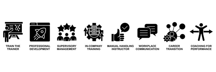Training and development icon set vector illustration concept for trainer, professional development, supervisory, trainee, instructor, coaching, career transition, and communication�