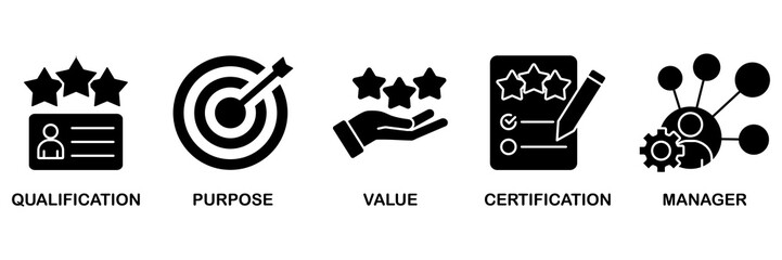Asset manager icon set vector illustration concept for qualification, purpose, value, certification and manager