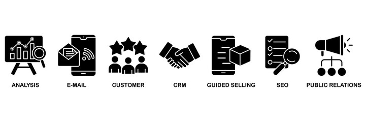 Inbound marketing icon set vector illustration concept for analysis, email, customer, crm, guided selling, seo and public relations