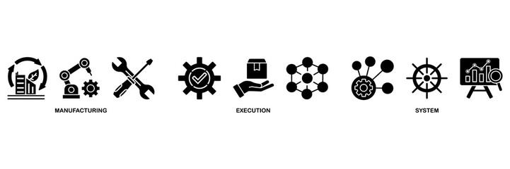 MES icon set vector illustration concept for of manufacturing execution system with icon of factory, service, automation, operation, production, distribution, management, structure, and analysis