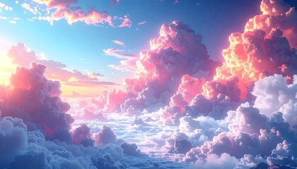 A vibrant, dreamy sky filled with fluffy, pastel clouds at sunset