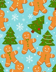 Seamless pattern of gingerbread men and decorated Christmas trees on a light blue background with snowflakes