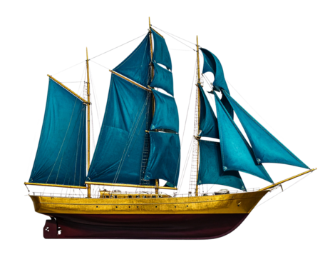 Contemporary Sailboat with Teal Blue Sails and Golden Hull PNG