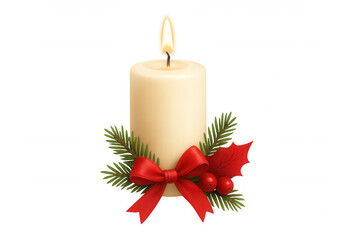 Christmas candle burning with red bow, holly, pine branches, and berries for festive season