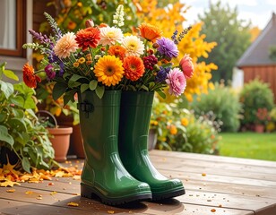Colorful bouquet in green rain boots on a porch