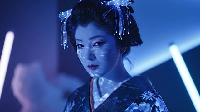 Ethereal geisha in vibrant blue light, a captivating blend of tradition and modern aesthetics with artistic makeup and luminous hair