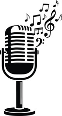 Vintage retro microphone icon with musical notes and a treble clef floating upwards, representing singing, music, broadcast, and performance. black and white vector illustration.