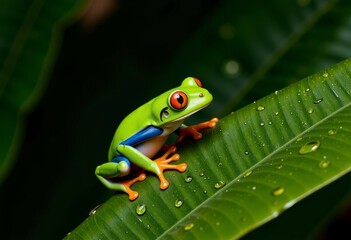 Naklejka premium Vivid Red-Eyed Tree Frog Perched on Dew-Kissed Leaf in Tropical Rainforest Capturing the Essence of Lush Greenery and Biodiversity