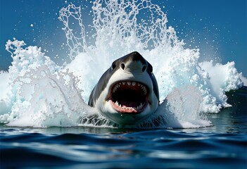 Obraz premium Dramatic Jumping Shark Breaching Water with Powerful Splash and Sharp Teeth Under Clear Blue Sky Emerging from Ocean