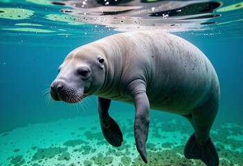 Fototapeta premium Graceful underwater portrait of a serene marine animal swimming through crystal-clear blue waters, showcasing its smooth body and gentle expression