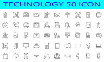 Set of 50 Technology icons. Thin line outline icons such as 5g, coding, voice recognition, software, spotlight, email, antenna, robotic leg, production, timer, hologram, stock market, app tracking