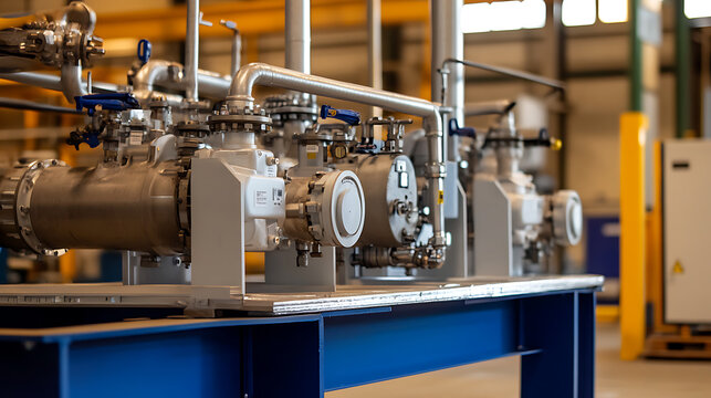 Industrial machinery and piping system. A close-up of complex metal piping and equipment, set on a sturdy blue support structure in a factory environment.