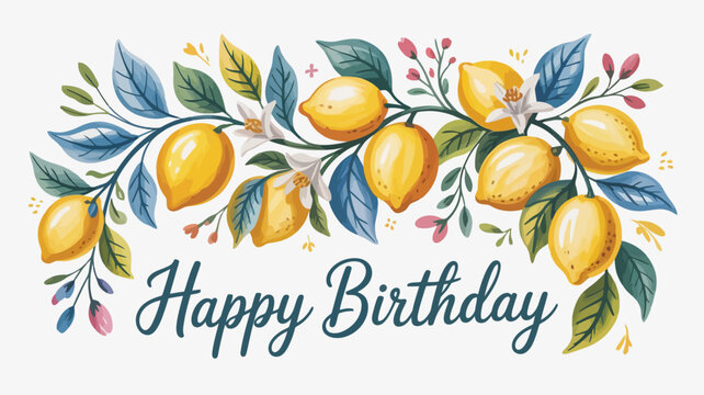 Watercolor Lemon Branch Birthday Card | Hand-Painted Botanical Lemon and Blossom Illustration | Elegant Floral "Happy Birthday" Card with Lemons and Leaves