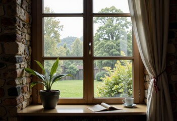Cozy Interior Setting Featuring a Potted Plant, Open Book, and Coffee Cup on a Rustic Wooden Windowsill Overlooking a Tranquil Garden
