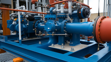 Complex industrial equipment system with pipes and valves, painted blue and orange, used in manufacturing processes.