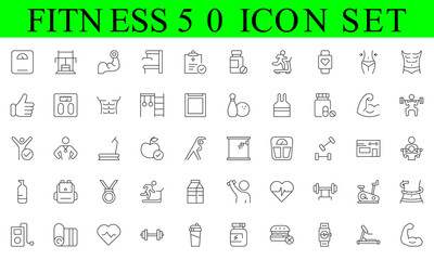 Outline icons about fitness. Healthcare. Contains such icons as gym, training, sports, running, diet, body building, yoga and equipment. Editable stroke Vector 256x256 pixel perfect