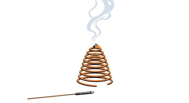 A spiral incense coil slowly burns releasing wisps of white smoke into the air.