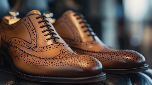 A detailed shot of a pair of brown shoes with laces and scuffs