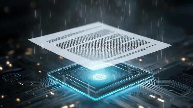 A computer chip with a paper on top of it. The paper is blue and has a white background. AI microchip hologram with floating legal document overlay, policy minimal futuristic dark background