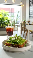 Avocado toast on a plate with iced coffee in a cafe setting