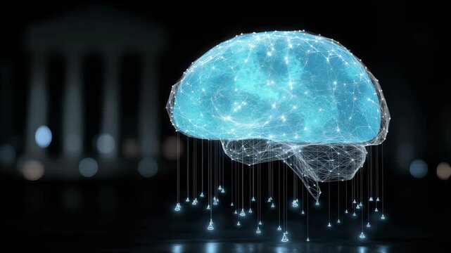 A brain made of wires and lights. The brain is on a table. AI brain hologram with floating paragraph law symbols overlay, policy minimal futuristic dark