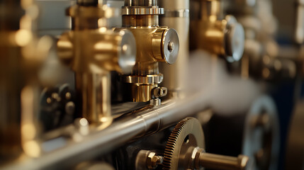 Industrial Machinery: Gleaming metal pipes and valves create a steampunk aesthetic, suggesting precision engineering and the heart of complex mechanisms.