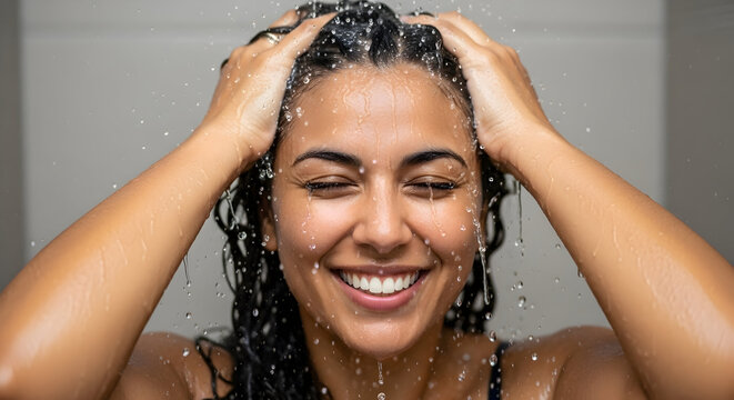 Happy woman enjoying a refreshing shower with water splashing on her face and hair, expressing joy and relaxation in a bright bathroom setting