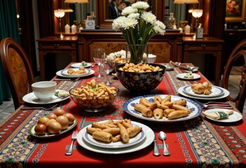 Elegant dining room table set with gourmet appetizers on a richly patterned cloth, including various pastries and eggs as a delightful spread for a special occasion