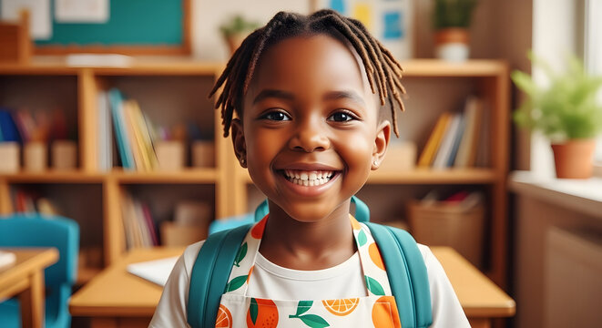 Happy smiling schoolgirl with backpack in classroom surrounded by books and plants ready for learning and education success in school environment