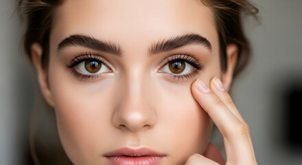 Fototapeta premium Close-up of young woman with clear skin and natural makeup touching her face in a beauty skincare routine for healthy glowing skin