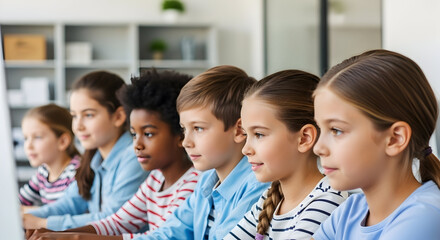Group of Diverse Schoolchildren Sitting in Classroom Learning Together Engaged in Educational Activity for Academic Success and Teamwork Development