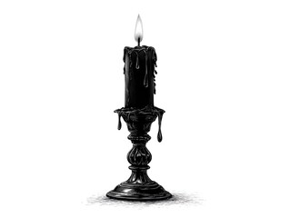 Fototapeta premium An antique black candle steadily burns atop an ornate candlestick, dripping wax down the sides in darkness.