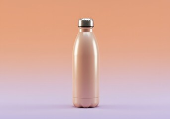 A sleek, rose gold insulated water bottle with a silver cap stands against a gradient background.