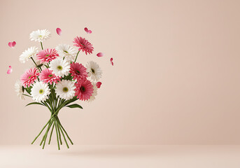 Obraz premium Elegant studio shot of a fresh spring bouquet of pink roses and tulips in a vase