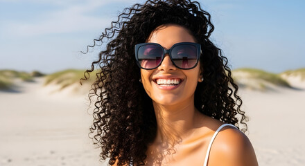 Happy woman enjoying sunny day at the beach wearing sunglasses and smiling with curly hair and clear blue sky in the background perfect summer scene
