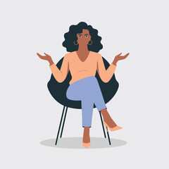 Modern flat design of a black woman sitting in a chair gesturing with open arms confidently and calmly illustration