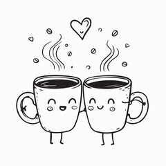 Friendly Coffee Mugs Cheersing Vector Heart Symbol Vector Art on white background